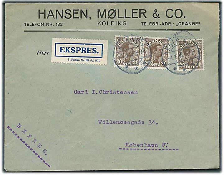 20 øre Chr. X (3) på ekspresbrev fra Kolding d. 4.1.1926 til København.