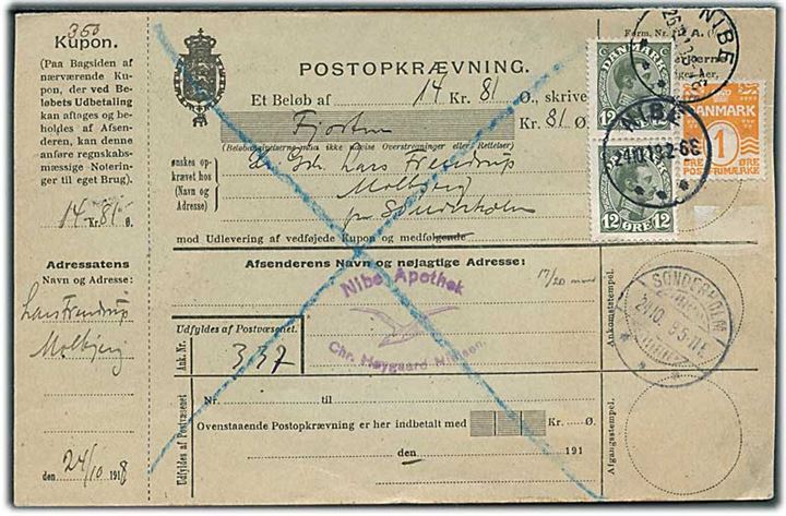 1 øre Bølgelinie og 12 øre Chr. X i parstykke på retur Postopkrævning fra Nibe d. 24.10.1918 til Sønderholm.