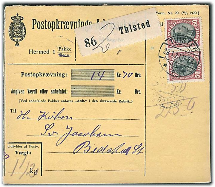 50 øre Chr. X i parstykke på Postopkrævningsadressekort for pakke fra Thisted d. 28.1.1921 til Bedsted.