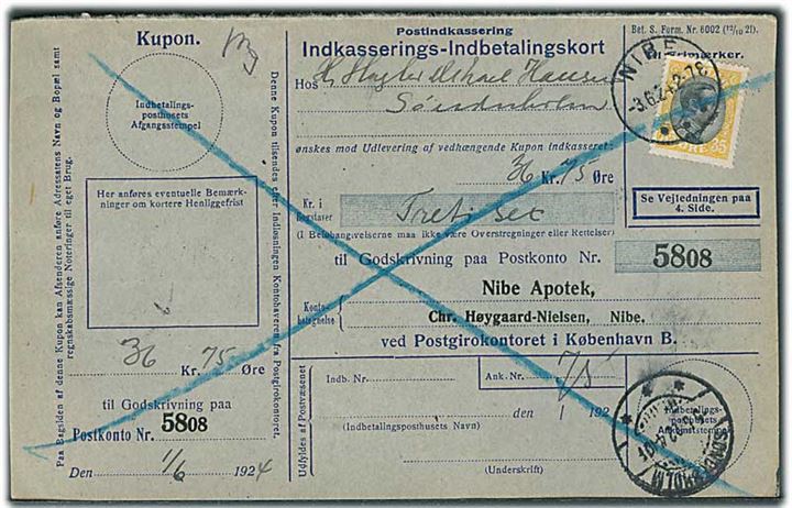 35 øre Chr. X single på retur Indkasserings-Indbetalingskort fra Nibe d. 3.6.1924 til Sønderholm.
