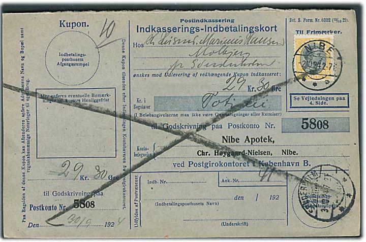 35 øre Chr. X single på retur Indkasserings-Indbetalingskort fra Nibe d. 2.10.1924 til Sønderholm.