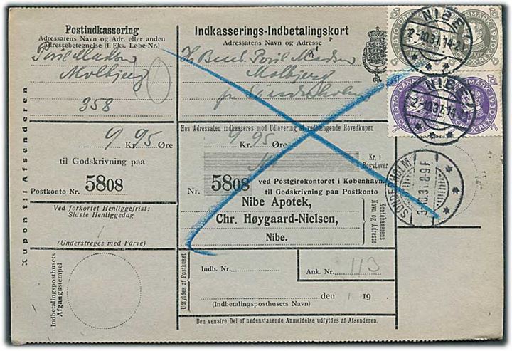 7 øre og 8 øre Chr. X 60 år i parstykker på retur Indkasserings-Indbetalingskort fra Nibe d. 2.10.1931 til Sønderholm.