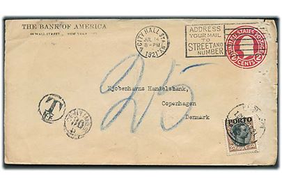 Amerikansk 2 cents helsagskuvert sendt underfrankeret fra New York d. 14.7.1921 til København, Danmark. Udtakseret i porto med 25 øre Porto-provisorium stemplet Kjøbenhavn d. 27.7.1921.
