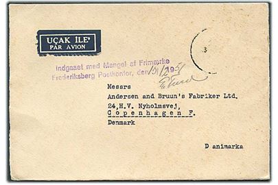 Luftpostbrev fra Tyrkiet med affaldet frimærke til København, Danmark. Stemplet Indgaaet med Mangel af Frimærke / Frederiksberg Postkontor d. 15.12.1951.