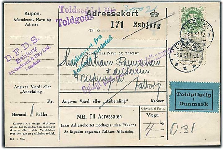 20 øre og 40 øre Chr. X 60 år med perfin Malteserkors på adressekort for pakke med Toldgods fra D.F.D.S. i Esbjerg d. 8-8-1931 til Aalborg. Mærkat Toldpligtig i Danmark.