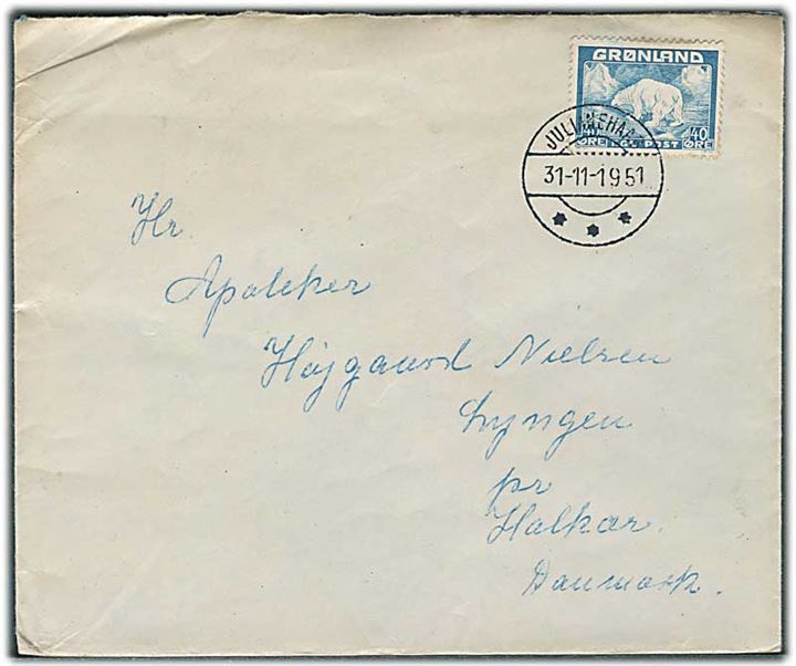 40 øre Isbjørn single på brev fra Julianehaab d. 31.11.1951 til Halkær.