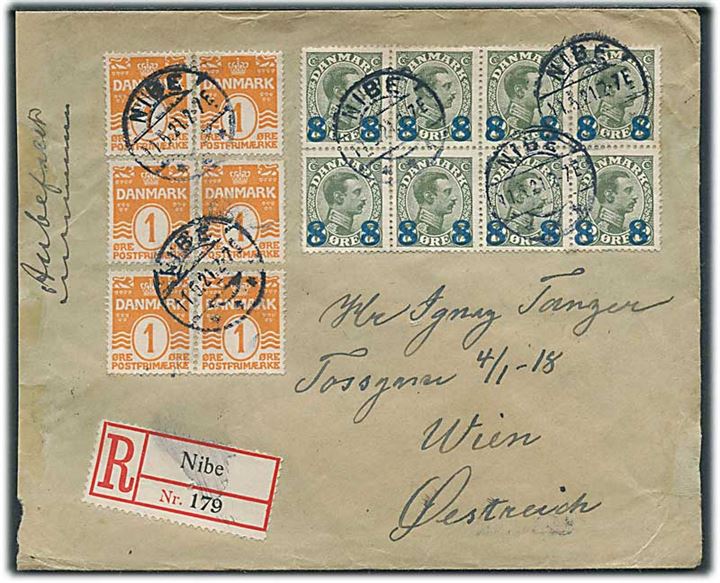 1 øre Bølgelinie (6) og 8/12 øre Provisorium i 8-blok på anbefalet brev fra Nibe d. 11.5.1921 til Wien, Østrig.
