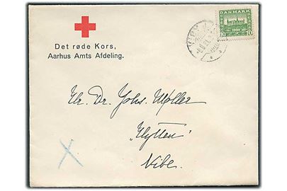 10 øre Genforening single på fortrykt kuvert fra Det røde Kors, Aarhus Amts Afdeling sendt som tryksag fra Viby J. d. 6.8.1921 til Nibe. Indhold fra Røde Kors jyske Sygeplejerbureau.
