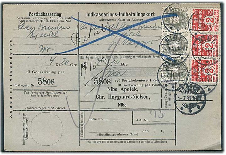 2 øre Bølgelinie og 8 øre Chr. X 60 år i 3-striber på retur Indkasserings-Indbetalingskort fra Nibe d. 1.7.1931 til Vægger.