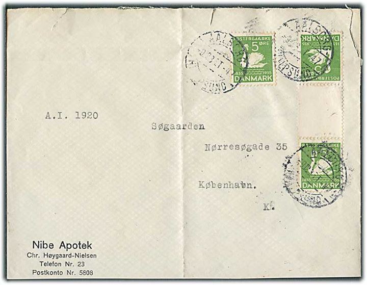5 øre H.C.Andersen i single og tête-bêche 3-stribe med mellemstykke på brev fra Nibe annulleret med bureaustempel Aalborg - Hvalpsund T.47 d. 9.12.1935 til København. Fold.