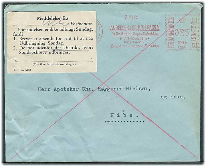 25 øre firmafranko frankeret søndagsbrev fra Andersen & Bruun's Fabr. A/S i København d. 1.6.1940 til Nibe. Ikke omdelt søndag med meddelelse F.7 12/34 (A8) om at forsendelsen er afsendt for sent til udbringning søndag.