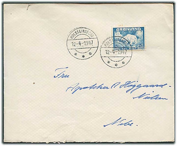 40 øre Isbjørn single på brev fra Holsteinsborg d. 12.4.1947 til Nibe.