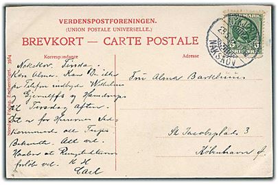 5 øre Fr. VIII på brevkort fra Nakskov annulleret med bureaustempel Nykjøbing - Nakskov T.6(?) d. 28.5.1907 til København.