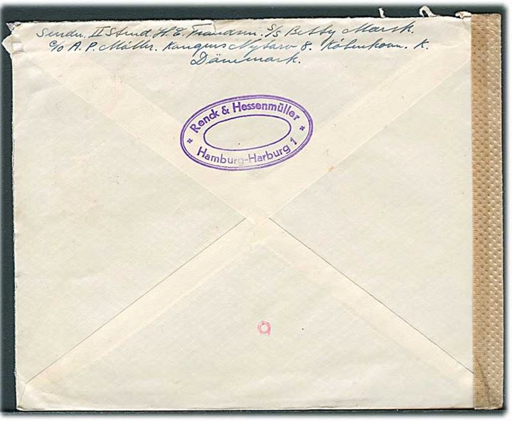12 pfg. Hitler på brev fra Hamburg d. 3.6.1943 til Vejen, Danmark. Fra sømand ombord på S/S Betty Mærsk. Åbnet af tysk censur i Hamburg.
