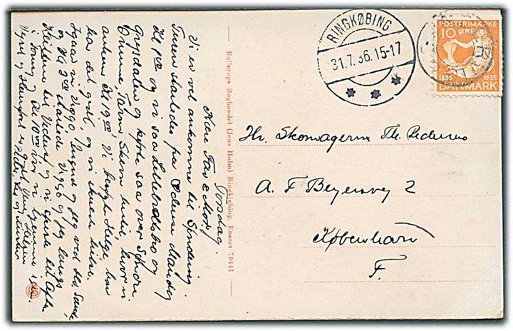 10 øre H.C.Andersen på brevkort annulleret med udslebet stjernestempel SØNDERVIG og sidestemplet Ringkøbing d. 31.7.1936 til København.