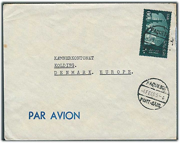 60 mills UAR frankeret luftpostbrev stemplet Paquebot Port-Said d. 6.2.1960 til Kolding, Danmark. På bagsiden afs.stempel_ m.t. Helene Mærsk.