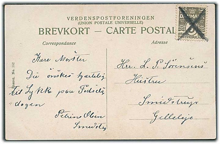 3 øre Bølgelinie annulleret med kryds på lokalt brevkort sendt i Smidstrup pr. Gilleleje.