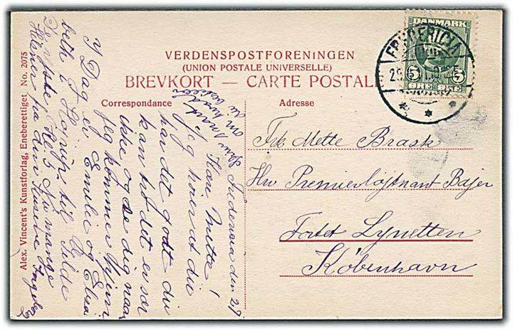5 øre Fr. VIII på brevkort fra Fredericia d. 29.4.1911 til Fortet Lynetten pr. Kjøbenhavn.