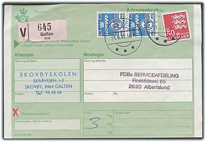 100 øre Bølgelinie i parstykke og 50 kr. Rigsvåben på adressekort for værdipakke fra Galten d. 24.8.1987 til Albertslund.