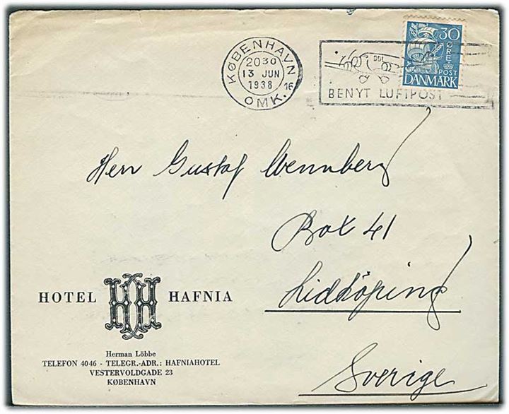 30 øre Karavel på brev fra København d. 13.6.1938 til Lidköping, Sverige.