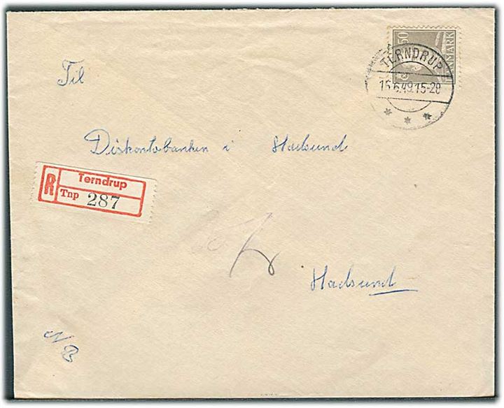 50 øre Chr. X single på anbefalet brev fra Terndrup d. 15.6.1949 til Hadsund.