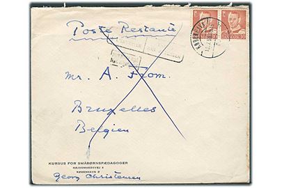 30 øre Fr. IX i parstykke på brev fra København d. 10.7.1958 til poste restante i Bruxelles, Belgien. Retur som ej afhentet.