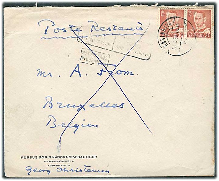 30 øre Fr. IX i parstykke på brev fra København d. 10.7.1958 til poste restante i Bruxelles, Belgien. Retur som ej afhentet.