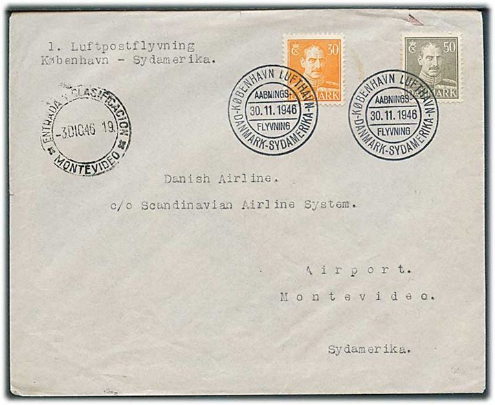 30 øre og 50 øre Chr. X på 1.-flyvningsbrev annulleret med særstempel København Lufthavn Danmark-Sydamerika d. 30.11.1946 til Montevideo, Uruguay. 