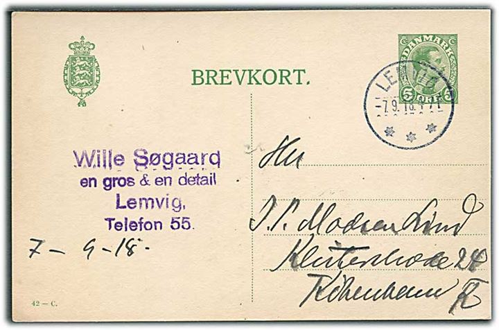 5 øre Chr. X helsagsbrevkort (fabr. 42-C) annulleret med brotype IIIb Lemvig d. 7.9.1918 til København.