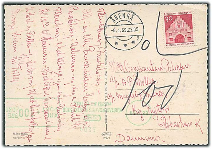 Tysk 30 pfg. på brevkort markeret ugyldig og stemplet Åbenrå d. 6.4.1969 til København. 100 øre grønt porto-maskinstempel.
