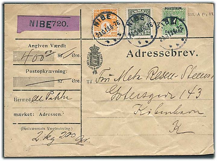 1 øre Bølgelinie, 12 øre Chr. X og 27/8 øre Provisorium på adressebrev for værdipakke fra Nibe d. 29.10.1919 til København.
