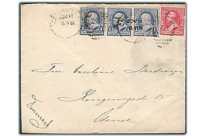1 cent Franklin i 3-stribe og 2 cents Washington på brev fra Chicago d. 11.6.189x til Odense, Danmark. Svagt stempel og mindre fejl.