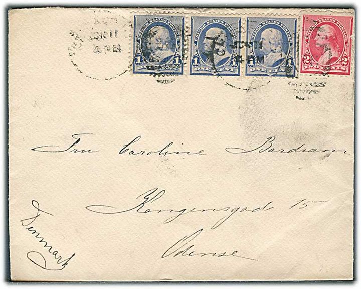 1 cent Franklin i 3-stribe og 2 cents Washington på brev fra Chicago d. 11.6.189x til Odense, Danmark. Svagt stempel og mindre fejl.