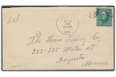 10 cents Webster single på anbefalet brev annulleret med stumt stempel og sidestemplet Keener Mo. d. 12.11.1897 til Augusta. På bagsiden: Registered Nov 15 1897 Augusta Maine.