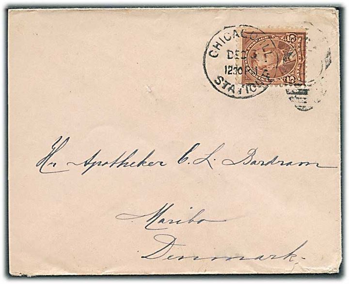 5 cents Grant single på brev fra Chicago d. 3.12.189x til Maribo, Danmark.