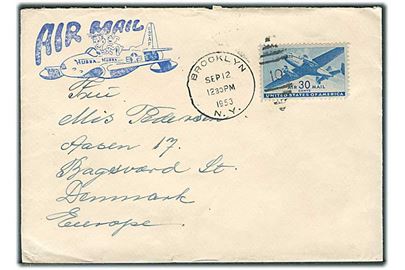 30 cents Transport på luftpostbrev fra Brooklyn d. 12.9.1953 til Bagsværd, Danmark. Fra sømand ombord på M/S Hulda Mærsk.