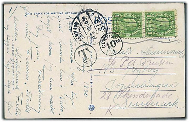 1 cent Franklin i parstykke på underfrankeret brevkort fra Fort Montgomery d. 12.8.1930 til København, Danmark. Amerikansk portostempel, men ikke udtakseret i dansk porto.