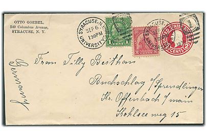 2 cents helsagskuvert opfrankeret med 1 cent Franklin og 2 cents Sullivan Expedition fra Syracuse d. 6.9.1929 til Offenbach, Tyskland.
