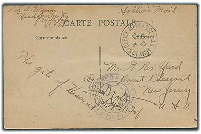 Ufrankeret feltpostkort (Flavigny, Frankrig) stemplet U.S.Army Post Office MPES *755* d. 23.12.1818 til New Jersey, USA. Unit censor. Fra soldat ved Hq 311th Inf. A.E.F.