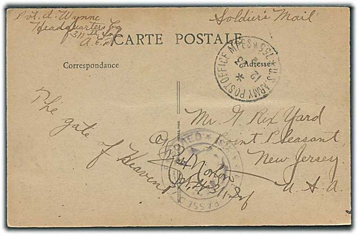 Ufrankeret feltpostkort (Flavigny, Frankrig) stemplet U.S.Army Post Office MPES *755* d. 23.12.1818 til New Jersey, USA. Unit censor. Fra soldat ved Hq 311th Inf. A.E.F.