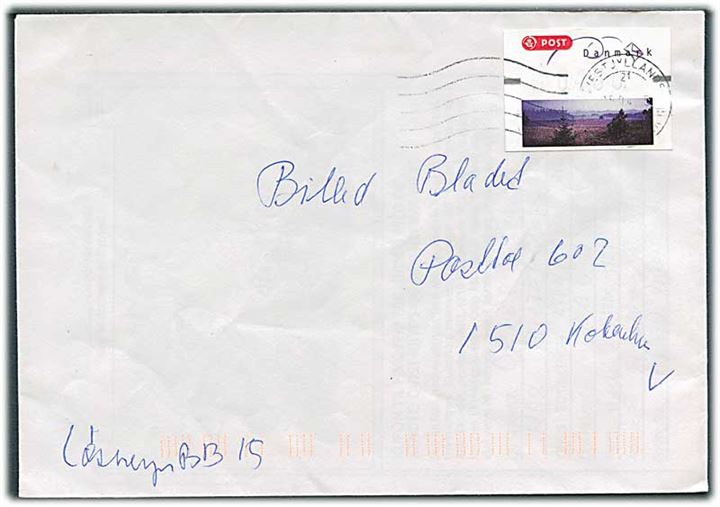 4.50 kr. Frankeringsetiket 2005 udg. på brev stemplet Vestjyllands Postcenter d. 15.4.2005.