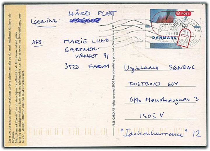 4.00 kr. Frankeringsetiket 2000 udg. på brevkort fra Farum stemplet Nordsjællands Postcenter d. 23.3.2001 til København.