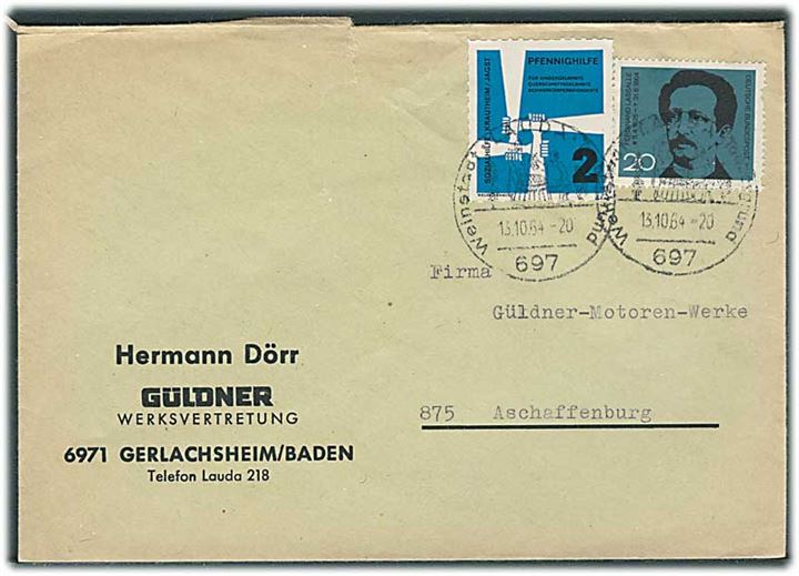 20 pfg. Lassalle og 2 pfg. Pfennighilfe mærkat på brev fra Lauda d. 13.10.1964 til Aschaffenburg.