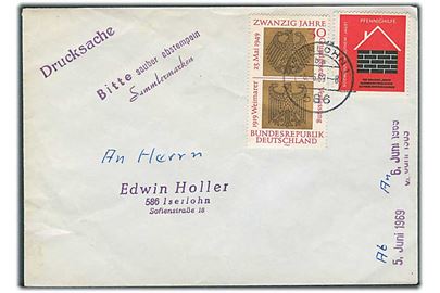 30 pfg. og Pfennighilfe mærkat på lokalbrev i Iserlohn d. 6.6.1969.