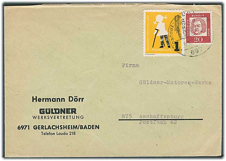 20 pfg. og 1 pfg. Pfennighilfe mærkat på brev fra Lauda d. 15.12.1964 til Aschaffenburg.
