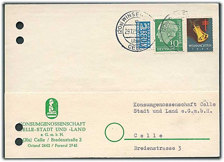 10 pfg. og 2 pfg. Berlin Nothilfe, samt Julemærke 1954 på brevkort fra Winsei d. 29.12.1954 til Celle. 2 arkivhuller.
