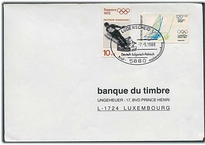 Falske Olympiade udg. fra 1972 og 1984 på brev annulleret med særstempel i Lüdenscheid d. 7.5.1988 til Luxembourg.