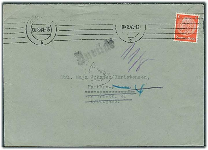 8 pfg. Hindenburg på lokalbrev fra Det danske Generalkonsulats Arbejder-Kontor i Hamburg d. 6.8.1941 til tysklandsarbejder. Retur.