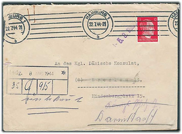 12 pfg. Hitler på brev fra danske Generalkonsulats Arbejder-Kontoret i Hamburg d. 22.7.1944 til danske konsulat i Breslau - eftersendt til Darmstadt og retur.
