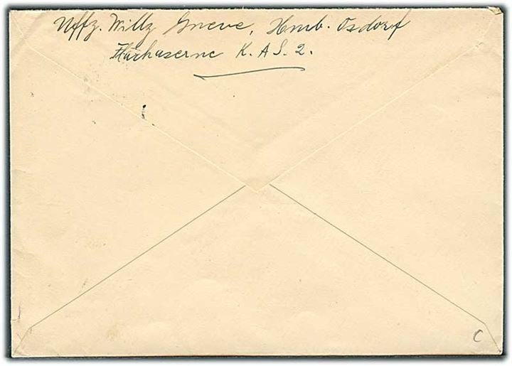 Ufrankeret feltpostbrev med stumt stempel d. 22.7.1941 til Danske Konsulat i Flensburg. Briefstempel K.A.u.S.L.S.k. XI Hamburg-Osdorf. Fra Underofficer Willy Greve på Flakkaserne.
